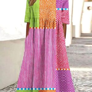 Women Striped Crew Neck Half Sleeve Comfy Casual Maxi Dress, Maxi, color:Pink|size:4XL, catalog Noracora shop