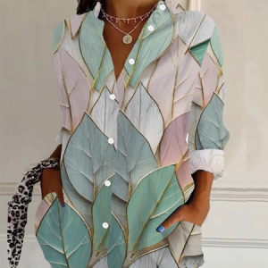 Women's Floral Long Sleeve Shirt Spring/Fall Leaf Buckle Shirt Collar Daily Going Out Casual Top, JustFashionNow Shirts, color:As Picture|size:3XL,