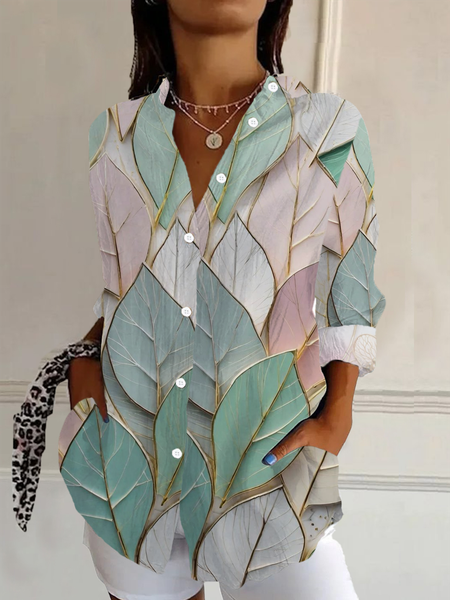 Women's Floral Long Sleeve Shirt Spring/Fall Leaf Buckle Shirt Collar Daily Going Out Casual Top, JustFashionNow Shirts, color:As Picture|size:3XL,