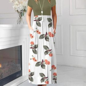 Colorblock Floral Print Round Neck Short Sleeve Dress Casual Waist A Line Maxi Dress with Pockets, women Casual Dresses, ChicMe catalog