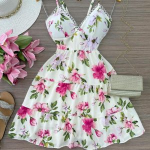 Floral Print Lace Patch V Neck Spaghetti Strap Dress Casual A Line Mini Dress, women Print Dresses, ChicMe catalog