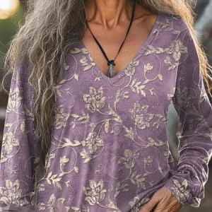 Women's Long Sleeve Tee T-shirt Spring/Fall Floral Printing V Neck Casual Graphic Tee Top, JustFashionNow T-Shirts, color:Purple|size:XXL,