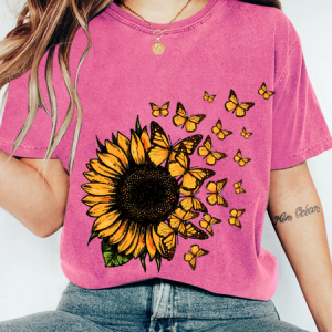 Sunflower butterfly Print Wash T-Shirt, T-shirts, Lilicloth.com