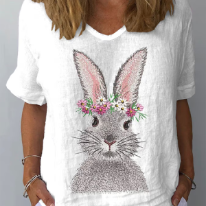 Crew Neck Short Sleeve Easter (rabbit) Regular Loose Tunic Blouse For Women, Blouses, color:White|size:XXL, catalog Noracora shop