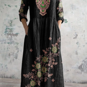 Women's V-Neck Art Floral Pattern Dress with Pockets, Dresses, Lilicloth.com