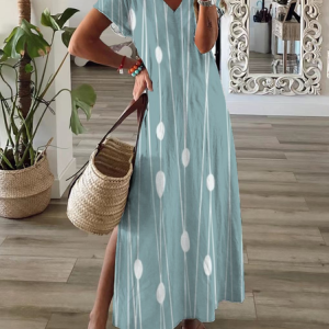 Women Striped Short Sleeve Summer Printing Dress V Neck Daily Casual Maxi X-Line Dress, JustFashionNow Casual Dresses, color:Green|size:3XL,
