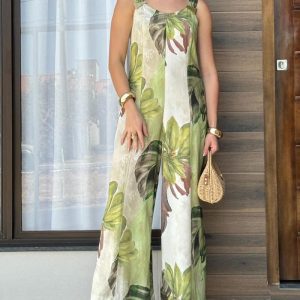 Plants Print Thick Strap Backless Seam Design Overalls Casual Wide Leg Jumpsuit, women Jumpsuits, ChicMe catalog