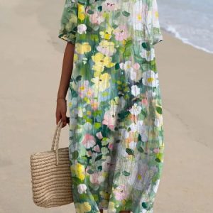 Women Floral Crew Neck Half Sleeve Comfy Casual Maxi Dress, Maxi, color:Lightgreen|size:3XL, catalog Noracora shop