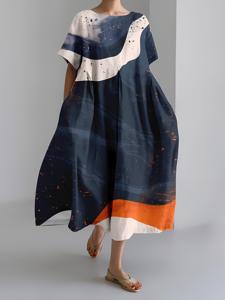 Women's Japanese Art Floral Print Vintage Round Neck Pleated Maxi Dress, Dresses, Lilicloth.com - Image 3