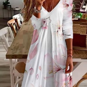Women's Long Sleeve Summer Floral Jersey Dress V Neck Holiday Going Out Casual Midi A-Line TUNIC, JustFashionNow Dresses, color:Pink|size:XXL,