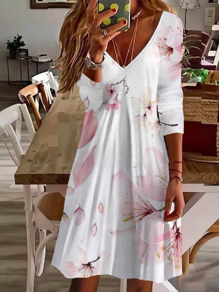 Women's Long Sleeve Summer Floral Jersey Dress V Neck Holiday Going Out Casual Midi A-Line TUNIC, JustFashionNow Dresses, color:Pink|size:XXL,