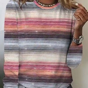 Casual Striped Crew Neck T-Shirt, Long sleeves, Lilicloth.com