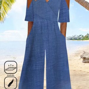 Women's Plain V Neck Short Sleeve Casual Off Shoulder Sleeve Summer Jumpsuit, JustFashionNow Jumpsuits＆Rompers, color:Blue|size:XXL,
