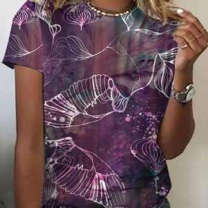 Women's Short Sleeve Tee T-shirt Summer Abstract Crew Neck Casual Top, JustFashionNow T-Shirts, color:Purple|size:XXL