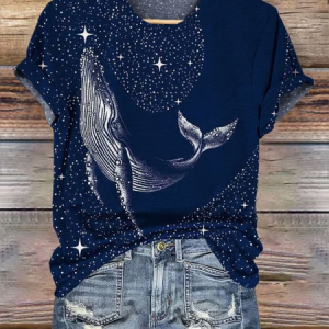 Women's Whale Starry Sky Art Print Short Sleeve T-Shirt, T-shirts, Lilicloth.com