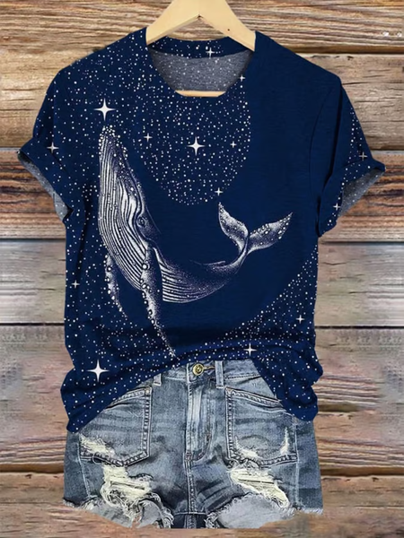 Women's Whale Starry Sky Art Print Short Sleeve T-Shirt, T-shirts, Lilicloth.com
