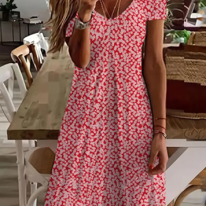 Women's Floral Short Sleeve Summer Printing Dress V Neck Daily Casual Knee Length T-Shirt Dress H-Line Dress, JustFashionNow Casual Dresses, color:Red|size:XXL,