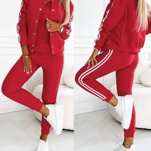 3 Pieces Outfit Snap Buttons Front Coat and Elastic Waist Seam Front Stretchy Cuffs Pants Set with Tank Top Casual Contrast Side Striped Tracksuit, women Two-piece Sets, ChicMe catalog