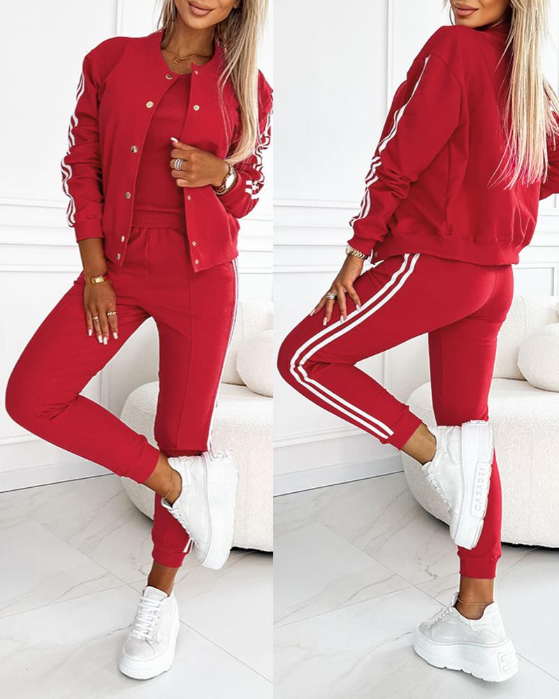 3 Piece Outfits Matching Sets Striped Tape Patch Tank Tops Button Front Jacket Cuffed Pants with Pockets Tracksuit, women Two-piece Sets, ChicMe catalog - Image 2