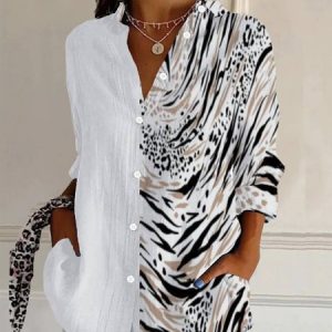 Women's Long Sleeve Shirt Spring/Fall Leopard Shirt Collar Holiday Going Out Casual Top, JustFashionNow Shirts, color:White|size:XXL,