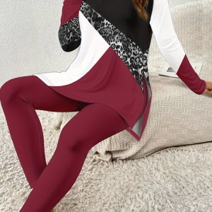Women's Jersey Color Block Daily Going Out Two Piece Set Long Sleeve Casual Spring/Fall Top With Pants Matching Set, JustFashionNow Suit Set, color:Wine Red|size:XXL,