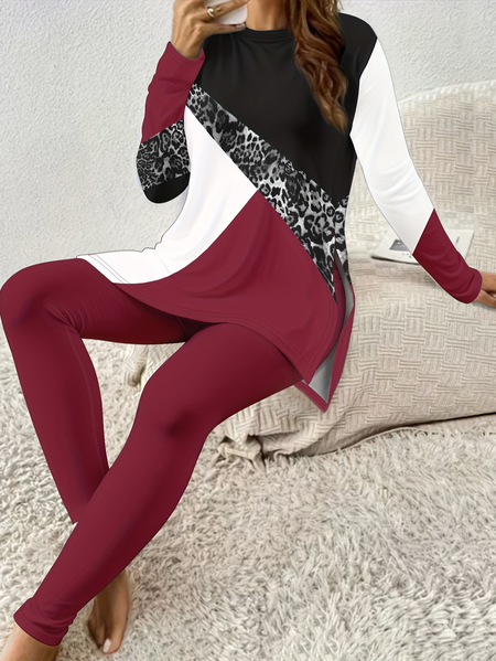 Women's Jersey Color Block Daily Going Out Two Piece Set Long Sleeve Casual Spring/Fall Top With Pants Matching Set, JustFashionNow Suit Set, color:Wine Red|size:XXL,