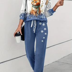 Women's Printing Cat Daily Going Out Two Piece Set Long Sleeve Casual Spring/Fall Top With Pants Matching Set, JustFashionNow Suit Set, color:Blue|size:4XL,