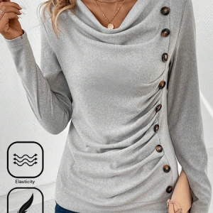 Women's Long Sleeve Tee T-shirt Spring/Fall Plain Buttoned Daily Going Out Casual Top, JustFashionNow T-Shirts, color:Gray|size:XXL,
