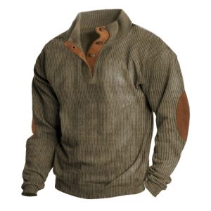 Cotosen Original Design Men's Corduroy Sweatshirt Elbow Patch Sweatshirt Outdoor Casual Stand Collar Long Sleeve Sweatshirt, Tactical Sweatshirts & Hoodies,  COTOSEN