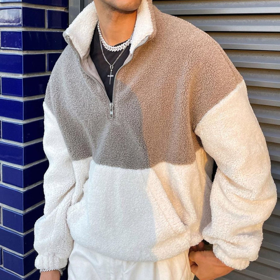 Men's Simple Contrast Color Polar Fleece Skateboard Sweatshirt, Hoodies&Sweatshirts, WAYRATES