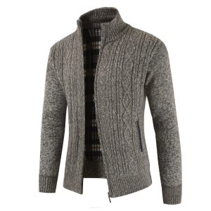 Mens Knitted Cardigan Thick Sweater Full Zip Stand Collar Warm Jumper Fleece Lined Winter Coat, Cardigan, WAYRATES