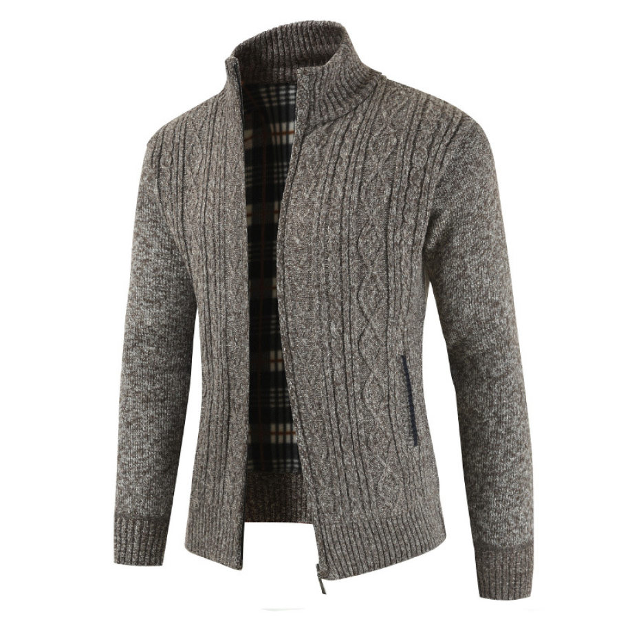 Mens Knitted Cardigan Thick Sweater Full Zip Stand Collar Warm Jumper Fleece Lined Winter Coat, Cardigan, WAYRATES