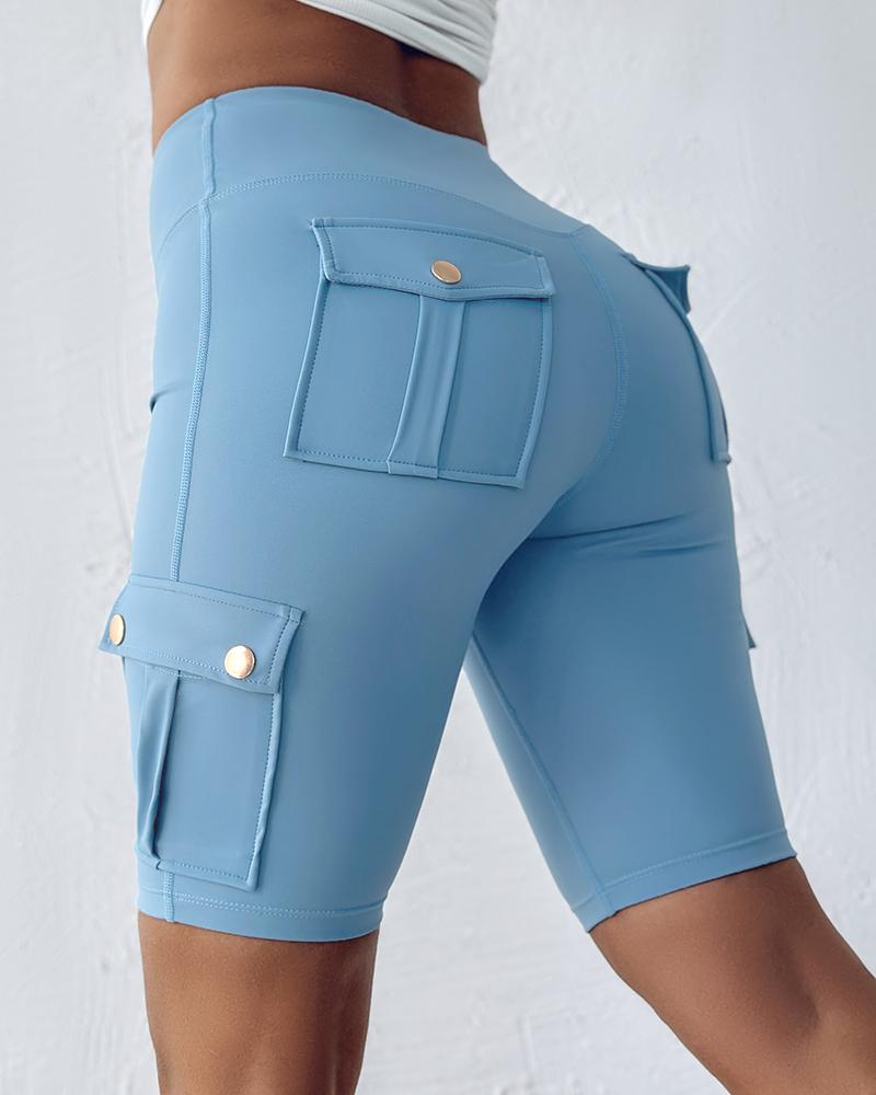 Tummy Control Butt Lifting Active Shorts High Waist Flap Pockets Workout Bermuda Cargo Running Shorts, women Active Shorts, ChicMe catalog - Image 3