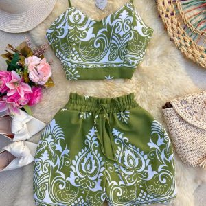 2 Pieces Summer Outfits Floral Print V Neck Spaghetti Strap Crop Top and Casual Waist Drawstring Shorts Set, women Two-piece Sets, ChicMe catalog