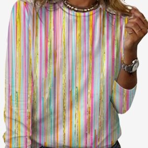 Women's Long Sleeve Tee T-shirt Spring/Fall Abstract Stripes Jersey Crew Neck Daily Going Out Casual Top, JustFashionNow T-Shirts, color:Multicolor|size:XXL,