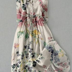 Women Floral Shirt Collar Short Sleeve Comfy Vintage Maxi Dress, Dresses, color:As Picture|size:4XL, catalog Noracora shop