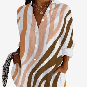 Women's Long Sleeve Shirt Spring/Fall Geometric Shirt Collar Daily Going Out Casual Top, JustFashionNow Shirts, color:Khaki|size:XXL,