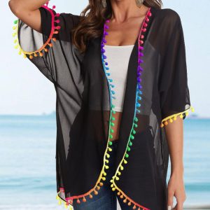 Puff Sleeve Open Front Colorful Tassel Trim Cover Ups Casual Loose Fit Summer Coat, women Cover Ups, ChicMe catalog