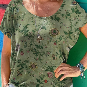 Women's Short Sleeve Tee T-shirt Summer Floral Printing Crew Neck Casual Graphic Tee Top, JustFashionNow T-Shirts, color:Green|size:XXL
