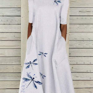 Women Dragonfly Short Sleeve Summer Printing Dress Crew Neck Daily Casual Maxi Shift Dress H-Line Dress, JustFashionNow Casual Dresses, color:White|size:4XL,