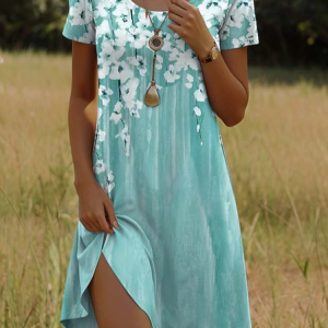 Women Floral Short Sleeve Summer Printing Dress Crew Neck Daily Casual Mini Tunic H-Line Dress, JustFashionNow Casual Dresses, color:Green|size:XXL,
