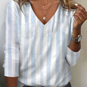 Women's Striped Long Sleeve Tee T-shirt V Neck Printing Casual Spring/Fall Graphic Tee Top, JustFashionNow T-Shirts, color:White|size:XXL