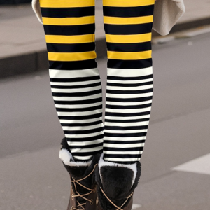 Women's Casual Striped Jersey All Season Long Leggings, JustFashionNow Leggings, color:Yellow|size:XXL,