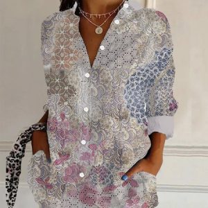 Women's Long Sleeve Shirt Spring/Fall Floral Shirt Collar Daily Going Out Casual Top, JustFashionNow Shirts, color:Apricot|size:XXL,