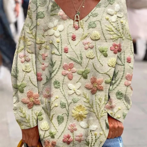Women's Long Sleeve T-shirt Spring/Fall As Picture Floral Printing V Neck Going Out Casual Top, Long sleeves, Lilicloth.com