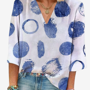 Women's Three Quarter Sleeve Blouse Spring/Fall Polka Dots V Neck Holiday Going Out Casual Top, JustFashionNow Blouses, color:Blue|size:XXL,