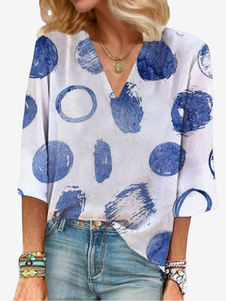 Women's Three Quarter Sleeve Blouse Spring/Fall Polka Dots V Neck Holiday Going Out Casual Top, JustFashionNow Blouses, color:Blue|size:XXL,