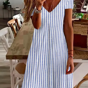 Women's Striped Short Sleeve Summer Printing Dress V Neck Daily Casual Knee Length T-Shirt Dress H-Line Dress, JustFashionNow Casual Dresses, color:Blue|size:XXL,