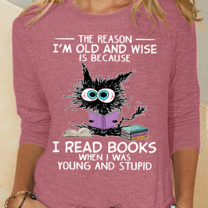 The Reason I'm Old And Wise Is Because I Read Books Cat Casual Long Sleeve Shirt, Long sleeves, Lilicloth.com