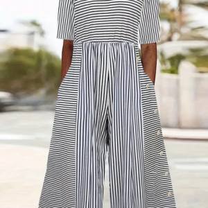 Women's Striped V Neck Half Sleeve Casual Summer Jumpsuit, JustFashionNow Jumpsuits＆Rompers, color:As Picture|size:4XL,
